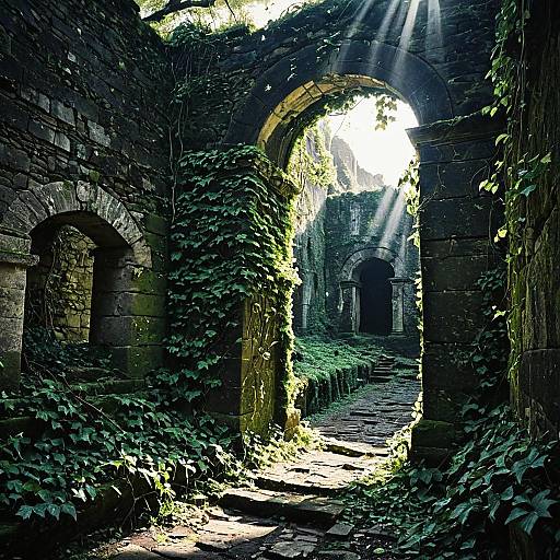 Sunbeams Through Ivy-Covered Ancient Ruins