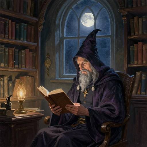 Wizard Reading by Moonlit Study