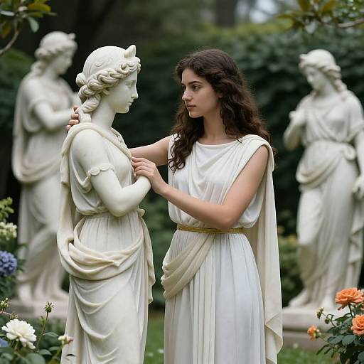 Photograph of a brunette woman in a white, classical gown gently touching a white marble statue of a robed woman, surrounded by garden statues and colorful