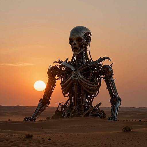 Photograph of a robotic, skeletal humanoid with exposed wires, standing in a desert at sunset, with the sun low on the horizon.