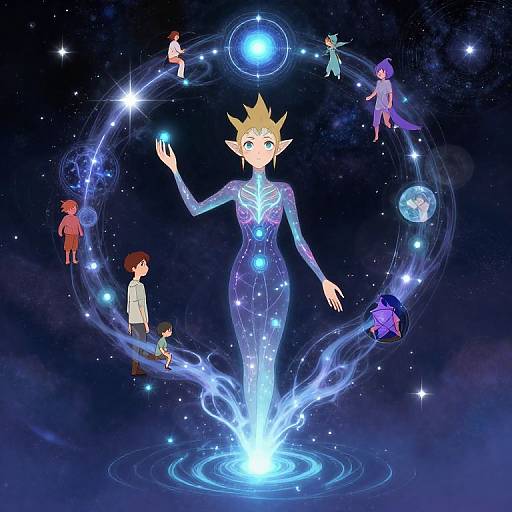 Digital anime artwork: Elven woman with glowing blue dress, starry background, floating children circling above, connected by ethereal blue light.
