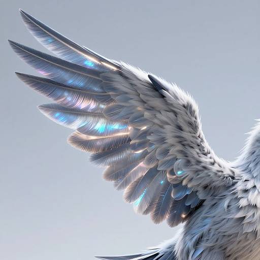 Digital art of a glowing, feathered wing with iridescent blue and white feathers, illuminated by soft light against a pale sky background.