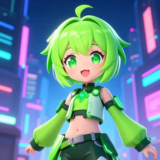 CGI anime-style child with neon green hair and eyes, wearing a green and black futuristic outfit, smiling in a glowing, neon-lit cityscape