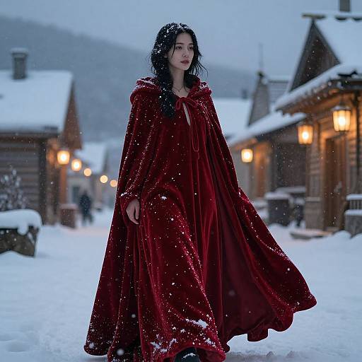 Photograph of a young woman in a flowing, deep red velvet cloak, standing in a snowy village at night, with lit lanterns and wooden buildings