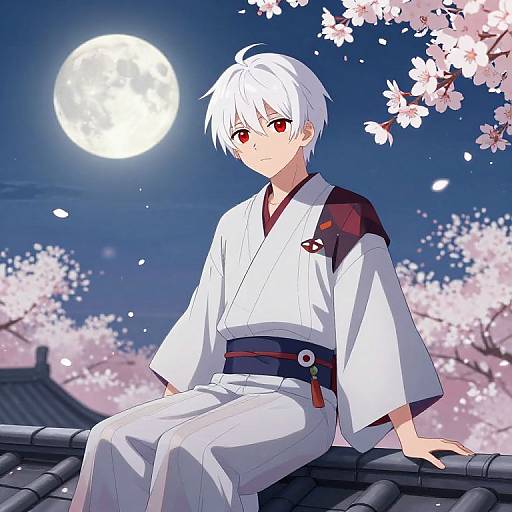Anime-style drawing of a white-haired, red-eyed boy in a white kimono, sitting on a rooftop under a full moon, surrounded by cherry bloss