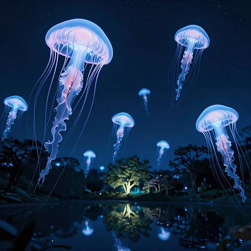Photograph of glowing blue jellyfish floating in a dark, nighttime aquatic environment, with silhouetted trees and reflections on the water.