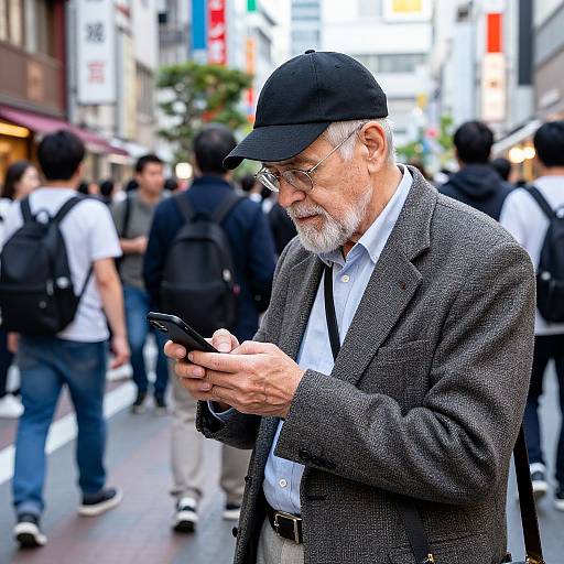 Photograph of an elderly man with a gray beard, black cap, glasses, and gray blazer, intently looking at his smartphone in a bustling