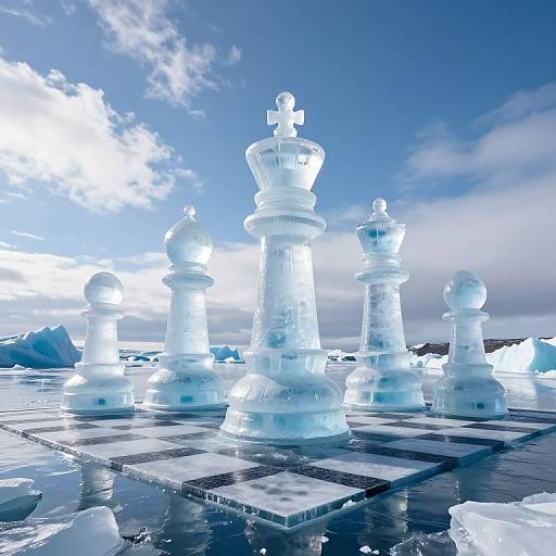 Majestic Ice Chess Pieces on Floating Board