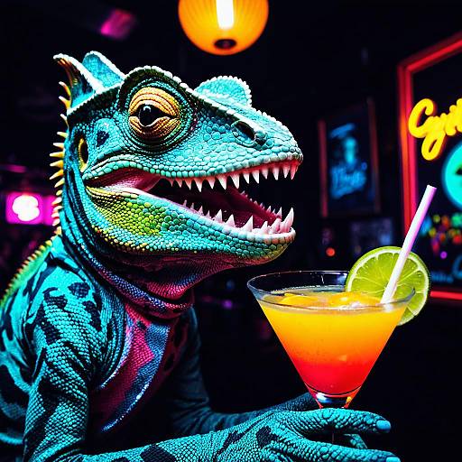 Grinning Chameleon with Cocktail in Neon Nightclub