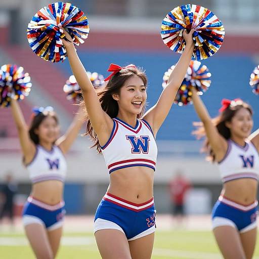 Photograph of three cheerleaders in blue, white, and red uniforms, with pom-poms, smiling and cheering on a bright stadium field.