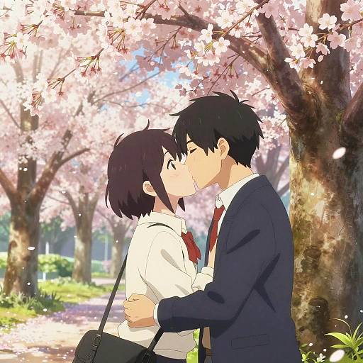 Anime-style digital drawing of a black-haired couple kissing under cherry blossoms, wearing school uniforms, with a blurred park background.
