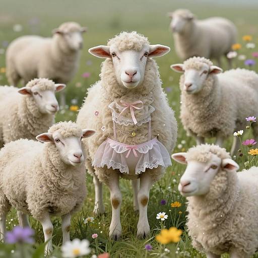 Photograph of a fluffy white sheep wearing a pink lace dress with ribbons, standing in a colorful meadow with six other sheep and vibrant wildflowers