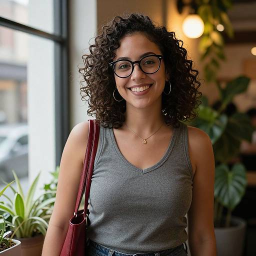 Photograph of a smiling, curly-haired woman with glasses, wearing a gray tank top and necklace, carrying a maroon bag in a brightly lit,