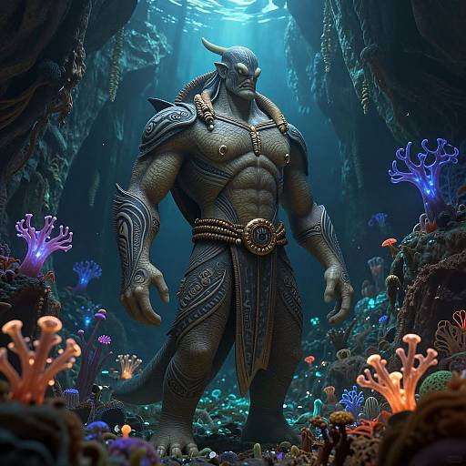 Digital art: Muscular, blue-skinned, horned warrior with intricate armor and belt stands in glowing, underwater cave surrounded by colorful coral and bi