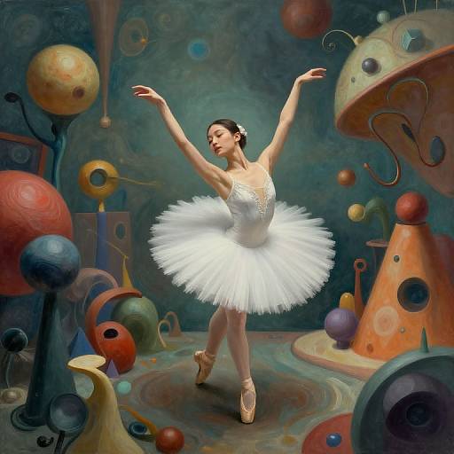 Photograph-style digital art of a ballet dancer in a white tutu, arms gracefully raised, surrounded by colorful, surreal, floating orbs and abstract shapes