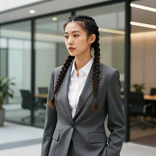 Photograph of an Asian woman with braided hair, wearing a gray suit and white shirt, standing in a modern office with glass windows and fluorescent lighting