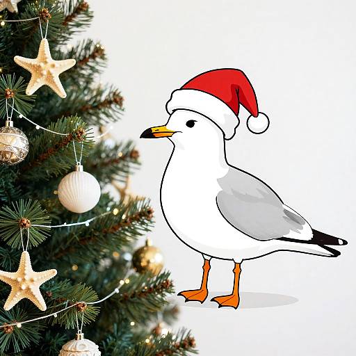 Digital drawing of a seagull wearing a red Santa hat, standing beside a decorated Christmas tree with stars and ornaments.