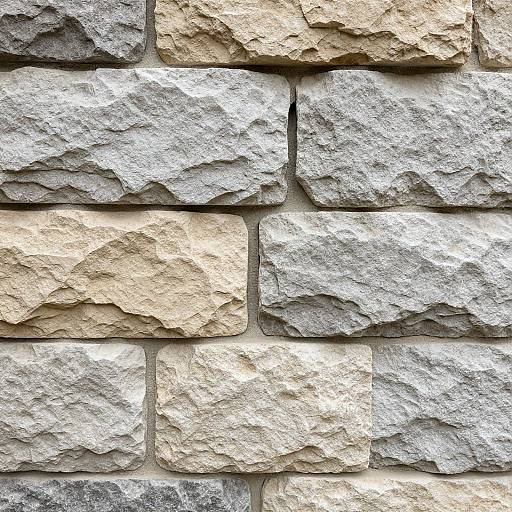 Close-up photograph of a textured stone wall, showing alternating beige and gray bricks with rough, uneven surfaces and visible mortar lines.