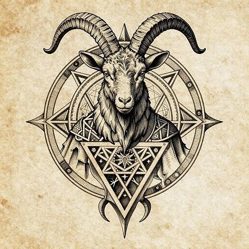 Intricate black and white tattoo-style drawing of a goat with large, curved horns, centered within a geometric pentagram and circle design on aged,