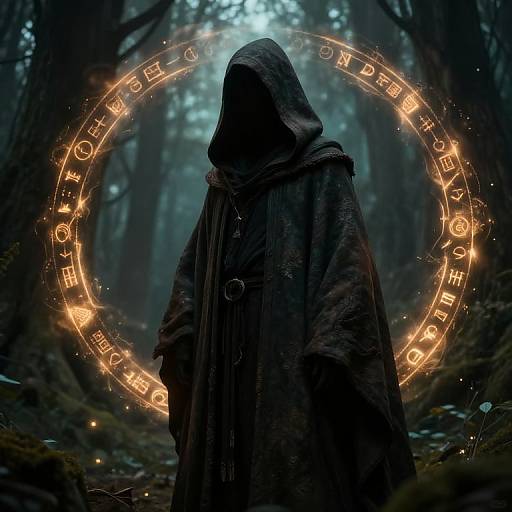 Mysterious hooded figure in dark cloak stands in foggy forest, surrounded by glowing, circular, ethereal runes. Digital artwork.