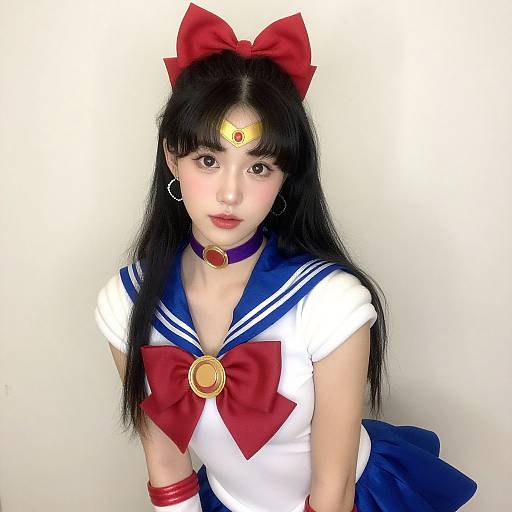 Photograph of an Asian woman with long black hair, wearing a Sailor Moon cosplay outfit, featuring a red bow, white top, blue collar, red