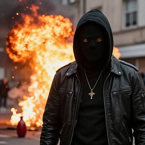 Hooded Street Thug Amid Fiery Explosion