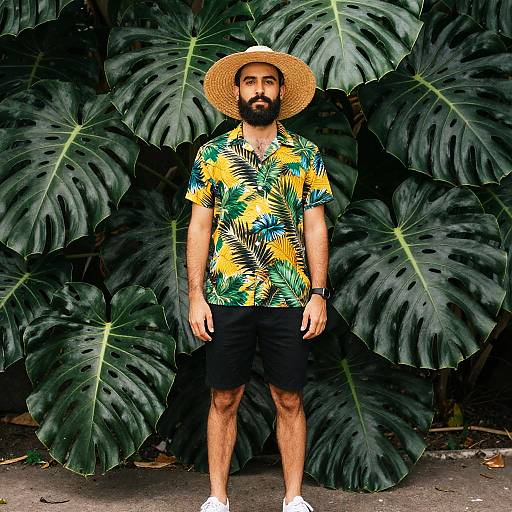 Photograph of a bearded man with medium skin tone, wearing a straw hat, tropical shirt, black shorts, and white sneakers, standing against a