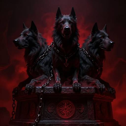 Digital artwork of three black wolves with glowing red eyes, chained together, sitting on a dark, ornate pedestal with a pentagram symbol, against a