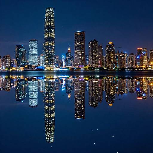 Photograph of a city skyline at night, with brightly lit skyscrapers reflected in a calm, dark blue water body.