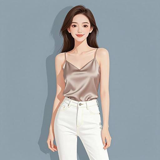 Digital illustration of an Asian woman with long black hair, wearing a silky silver camisole and white high-waisted pants, against a blue background