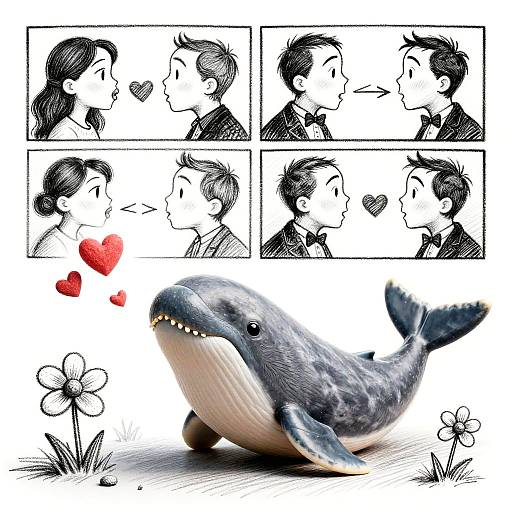 Black-and-white comic-style illustrations of a couple kissing, followed by a photo of a plush whale with red hearts floating around it, set against a white