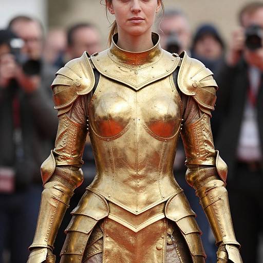 Photograph of a woman in gold, medieval-style, armored dress with intricate, shiny breastplate and shoulder guards, standing amidst blurred photographers in the background
