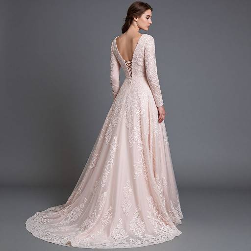 Photograph of a brunette woman with fair skin wearing a long-sleeve, lace-back, white wedding gown with a flowing train, standing against a