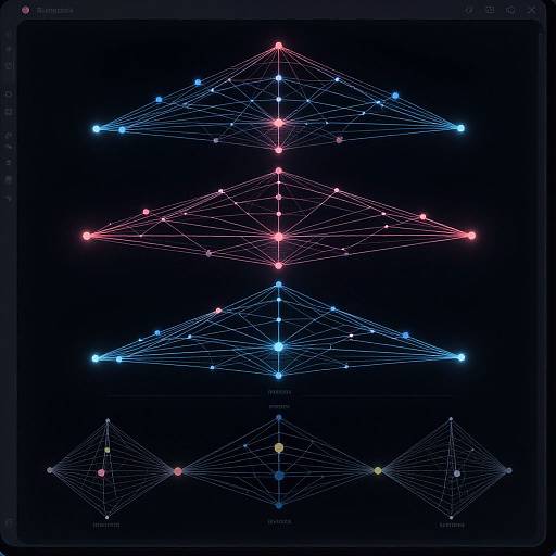 Digital graph showing three stacked triangular network diagrams with red, blue, and mixed-colored nodes, connected by lines on a dark blue background.