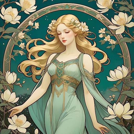 Art Nouveau Woman with Magnolias