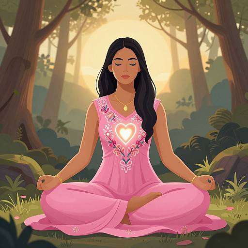 Digital illustration of a serene, dark-haired woman in a pink floral dress meditating in a sunlit forest, with a glowing heart on her chest.