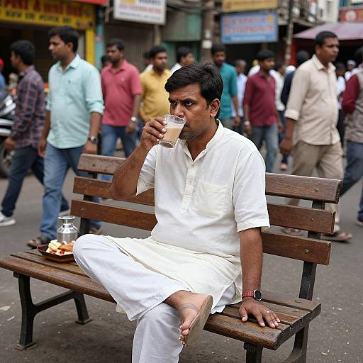 Indian Man Sipping Chai on Busy Street
