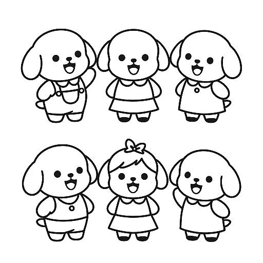Black and white digital drawing of six adorable, cartoon-style, round-headed, dog-like characters with simple lines, smiling, and wearing clothes.