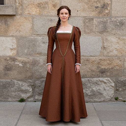 Photograph of a fair-skinned woman with dark brown hair in a braid, wearing a long, brown, Renaissance-style dress with gold trim,
