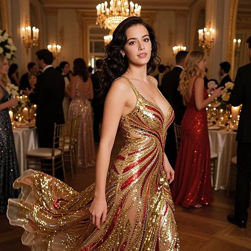 Photograph of a beautiful woman with wavy black hair in a shimmering gold and red sequin dress, standing in an elegant ballroom with ch
