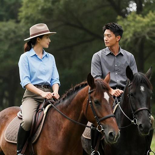 Couple Riding Horses in Lush Forest
