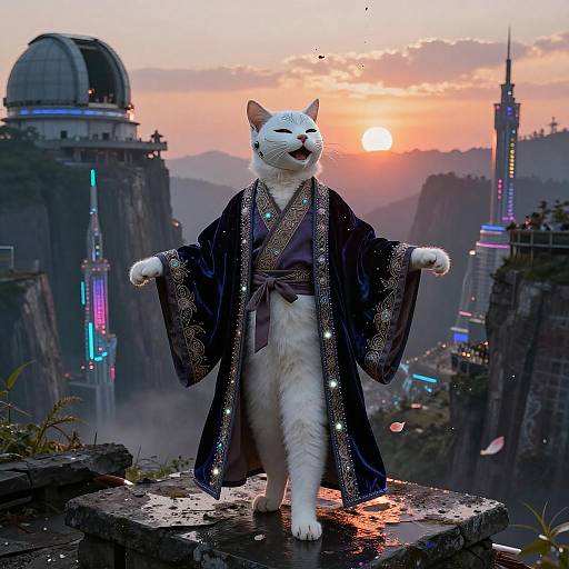 Porcelain Masked Kitten on Neon Ledge