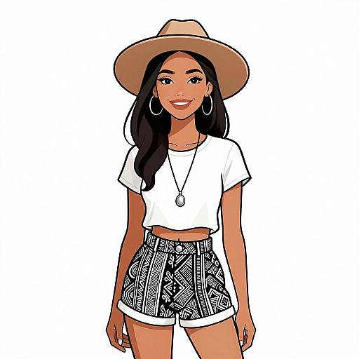 Digital illustration of a smiling, dark-haired woman in a white crop top, black patterned shorts, beige sunhat, and hoop earrings.