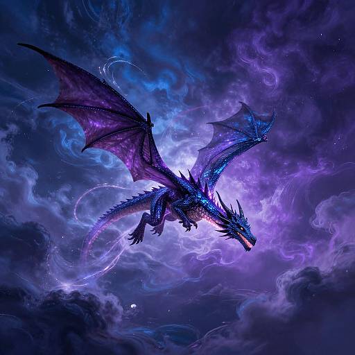 Digital artwork of a blue and purple dragon with glowing scales, flying amidst swirling, luminous clouds in a starry night sky.