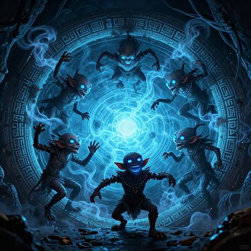 Digital artwork of a dark, blue-lit cavern with six glowing, demonic creatures circling a central, blue-energy vortex, surrounding a central, sm