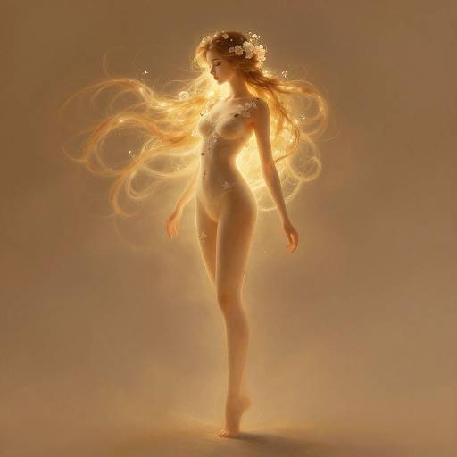 Digital art of a nude, ethereal woman with flowing, glowing golden hair, standing in a warm, luminous, brown-toned background.
