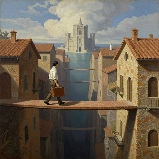 Digital painting: Man with briefcase walks on narrow stone bridge, leading to a surreal medieval castle in a sunlit, cloudy sky.