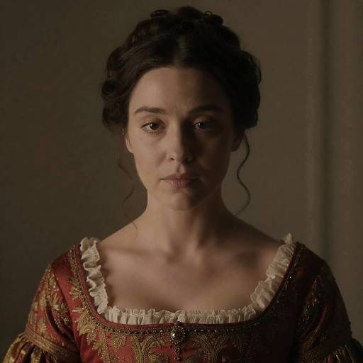 Photograph of a serious-looking woman with dark hair in an 18th-century style updo, wearing a red, gold-embroidered dress