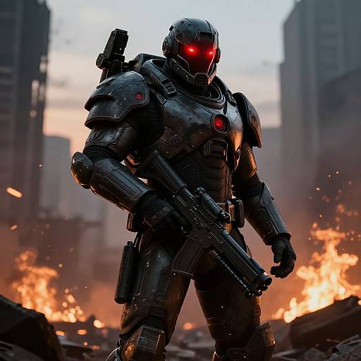 Digital artwork of a black armored soldier with glowing red eyes, holding a gun, standing in a fiery, ruined cityscape.