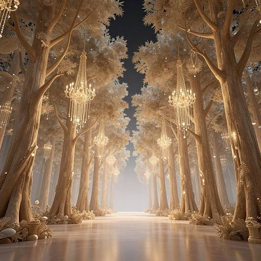Photorealistic CGI: Glowing chandeliers hang among tall, illuminated, beige trees, creating a magical, ethereal forest path leading to a